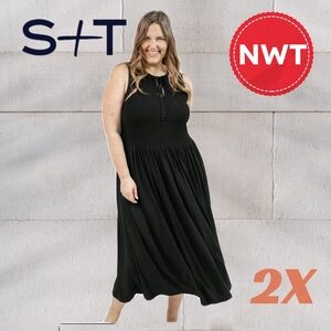 🆕🏷️*NWT* SMASH + TESS | 2X | CHARLOTTE SMOCKED MIDI DRESS IN MIDNIGHT BLACK